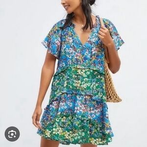 Anthropologie Blue and Green Floral Mini Dress,Size XS.